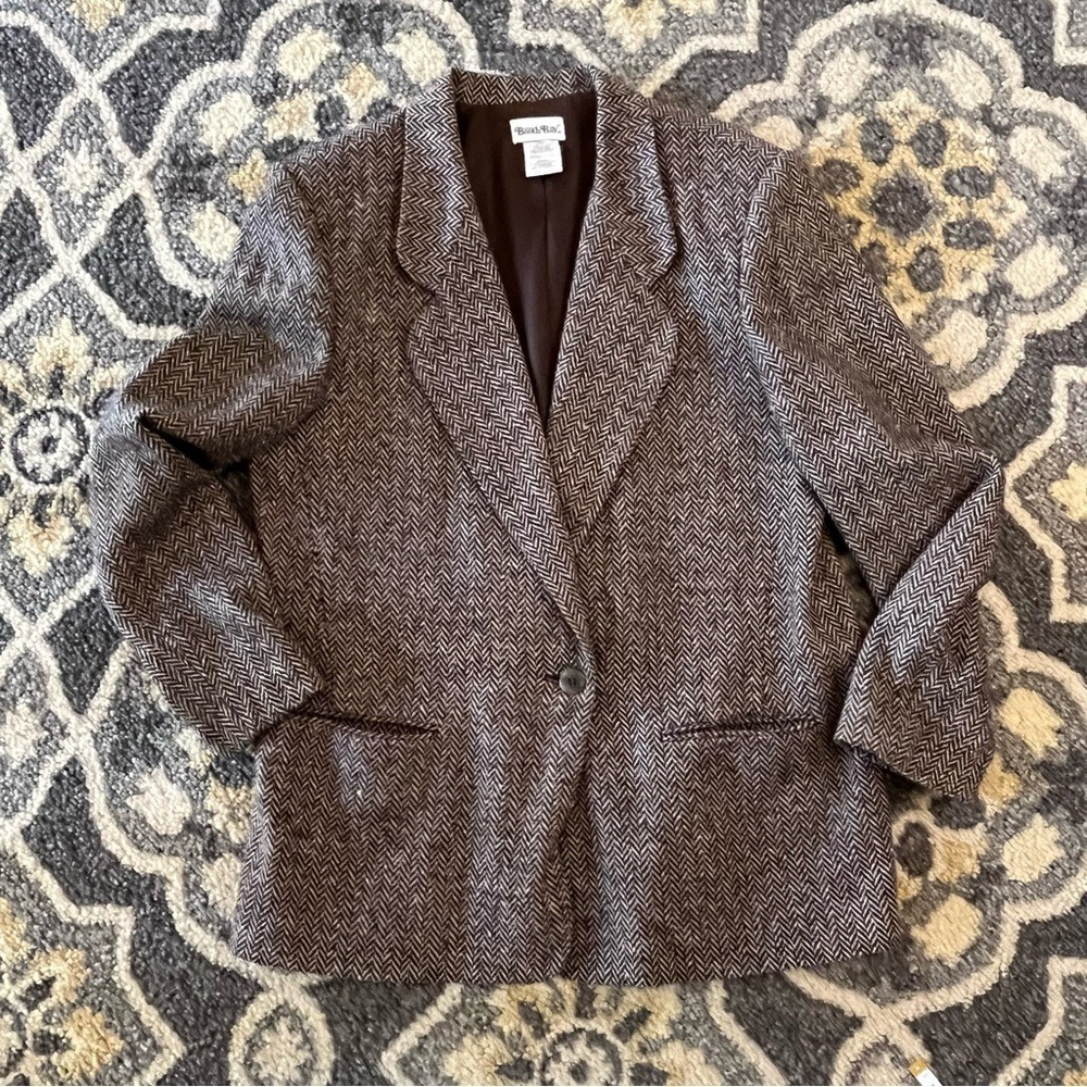 90s Y2K Booth Bay Herringbone Blazer Wool Blend Brown Size L Professor Core